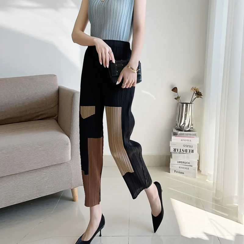 Miyake pleated harem pants women's loose contrast color all-match summer new high-waisted thin niche nine-point casual pants