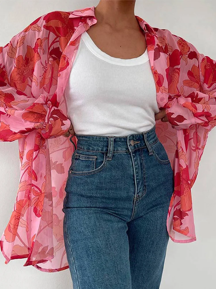 

Women Chiffon Sheer Loose Print Shirt Female Elegant Casual Lapel Shirts 2022 Summer Fashion Holiday Style Tops Blouses