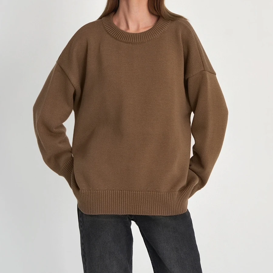 2023 женский осенне-зимний свитер с круглым вырезом свободный стиль Однотонный