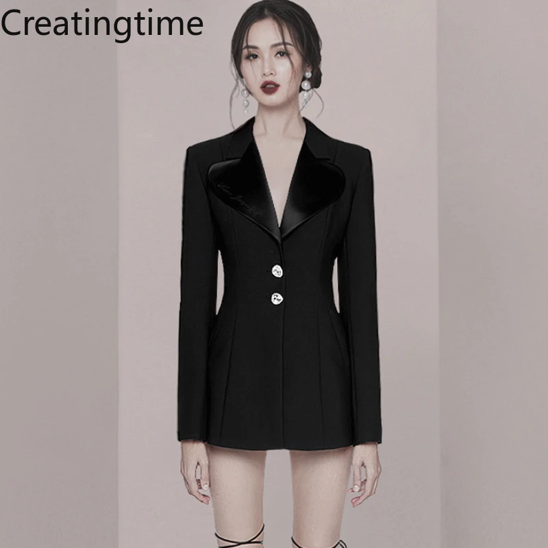 

Creatingtime 2022 Spring Autumn New Fashion Tide Women's Black Notched Single Breasted Embroidered Slim High Waist Dress GA393