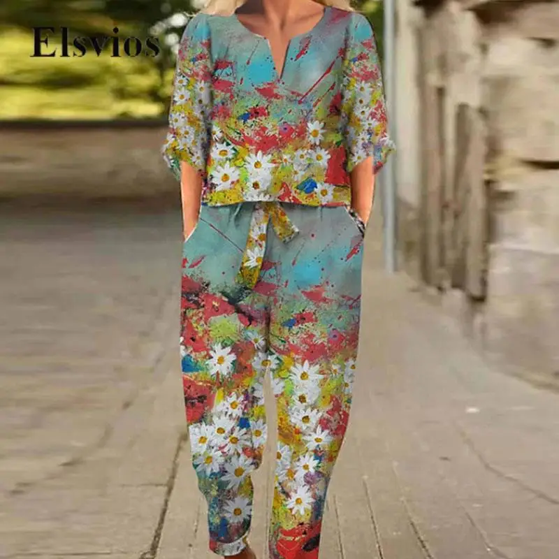 

Women Fashion Two-piece Suits Retro Harajuku Floral Print Female Set Casual Loose Half Sleeve T-shirt And Lace-up Pants Outfits