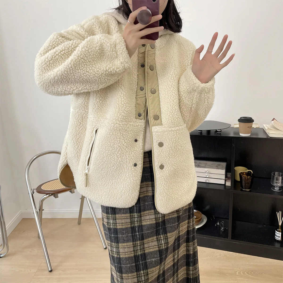Winter lambswool coat women's loose drawstring tunic
