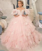 off the shoulder pink princess puffy flower girl dresses ball gown first comunion dresses children party prom gown for girls