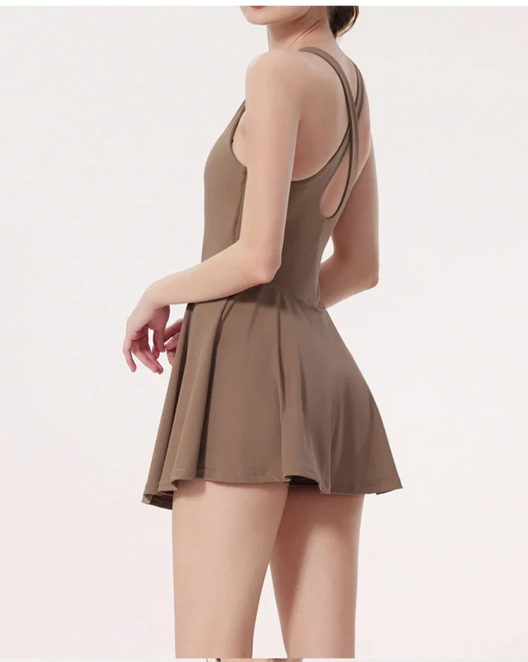 

Lulu Tennis Skirt Women's Quick Dry Badminton Sports Dress With Chest Pad one-piece Yoga Clothes Fitness Sundress Anti-leakage