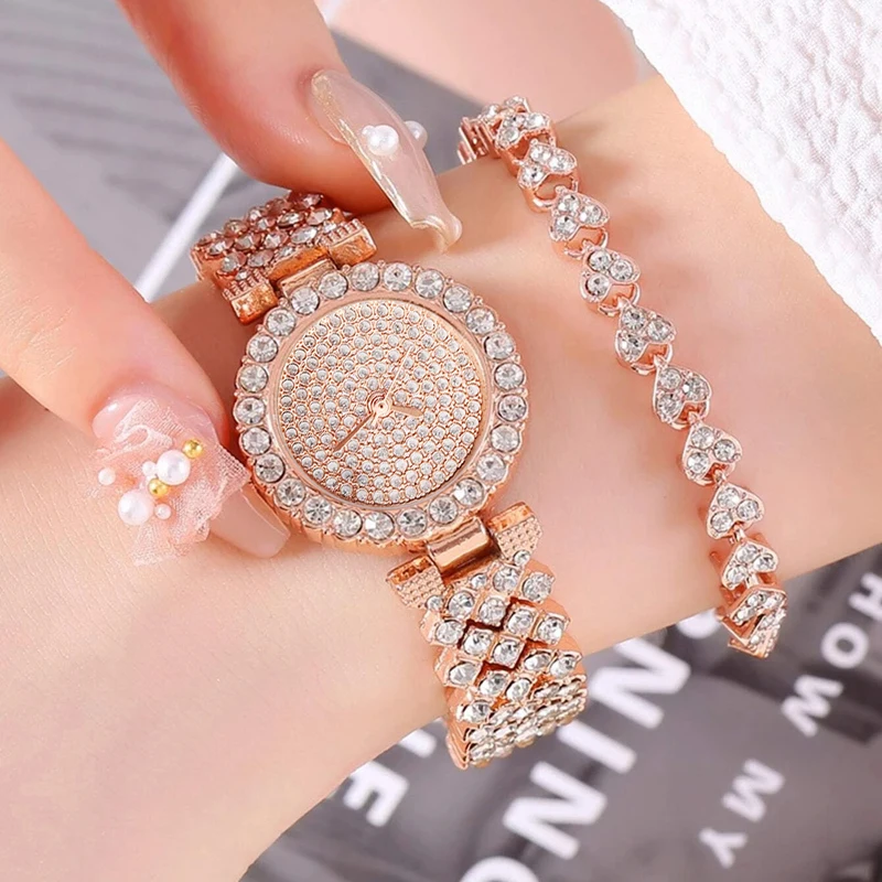 2PCS Luxury Women Rose Gold Watch Fashion Ladies Quartz Diamond Wristwatch Elegant Female Bracelet Watches Set Reloj Mujer