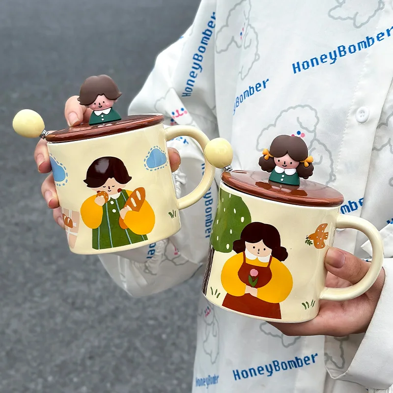 

Cute Cup with Lid and Spoon Creative Mug Ceramic Cup Personality Couple Water Cup Home Breakfast Cup Coffee Cup