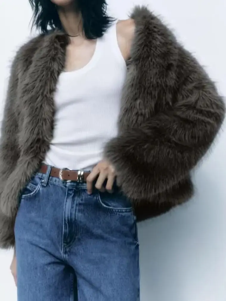 Spring And Autumn Women's Grey Brown Fake Fur Round Neck Long Sleeve Loose Jacket Warm Fashion Vintage Style