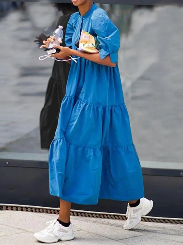 

Модное платье с оборками 2022 VONDA, женский летний сарафан, Повседневное платье с пышными рукавами, женское платье на пуговицах, женское пляжное платье