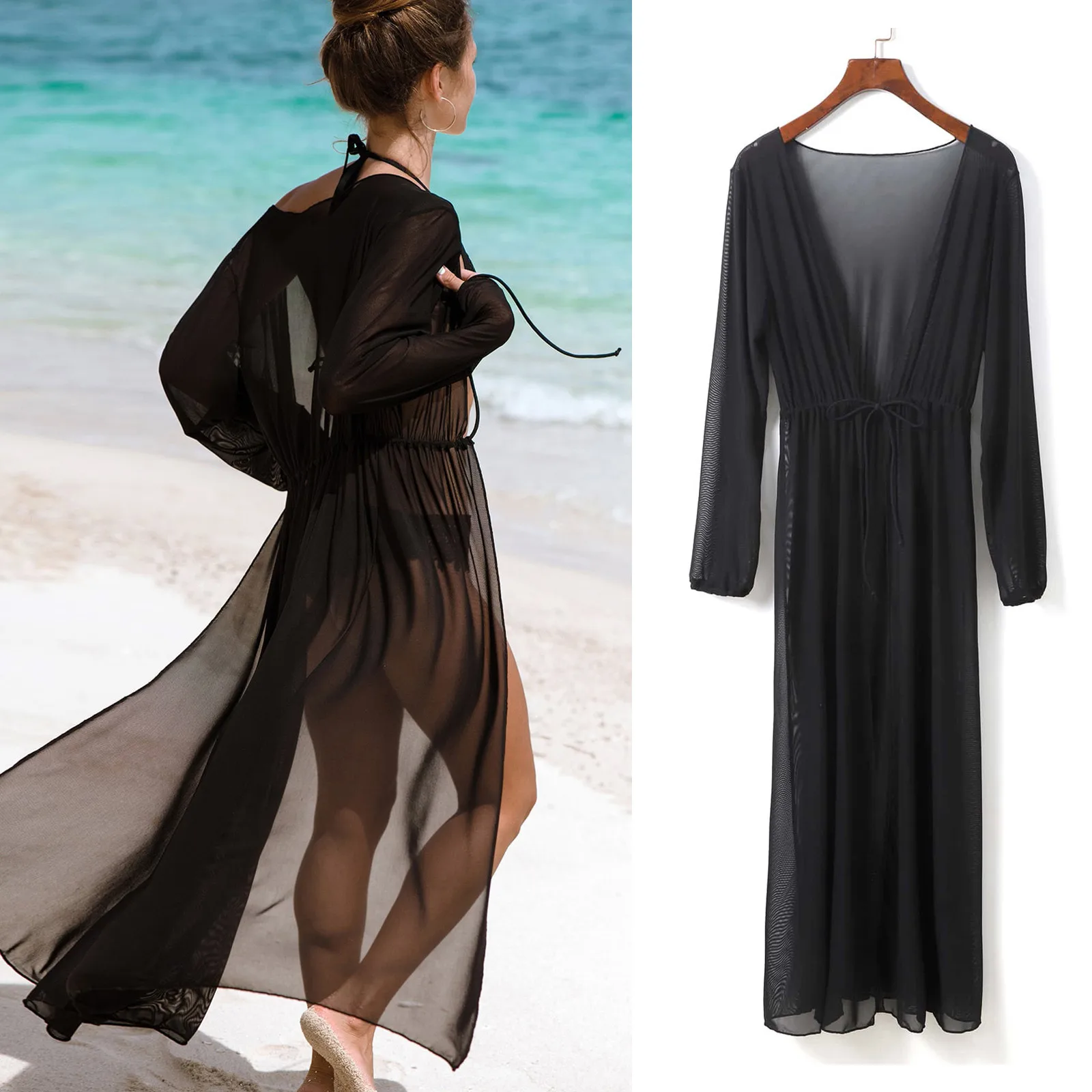 

Sexy Solid See-through Beach Cardigan Women Lace Kimono Boho Casual Cardigan Summer Beach Dress Bikini Cover Up Tops