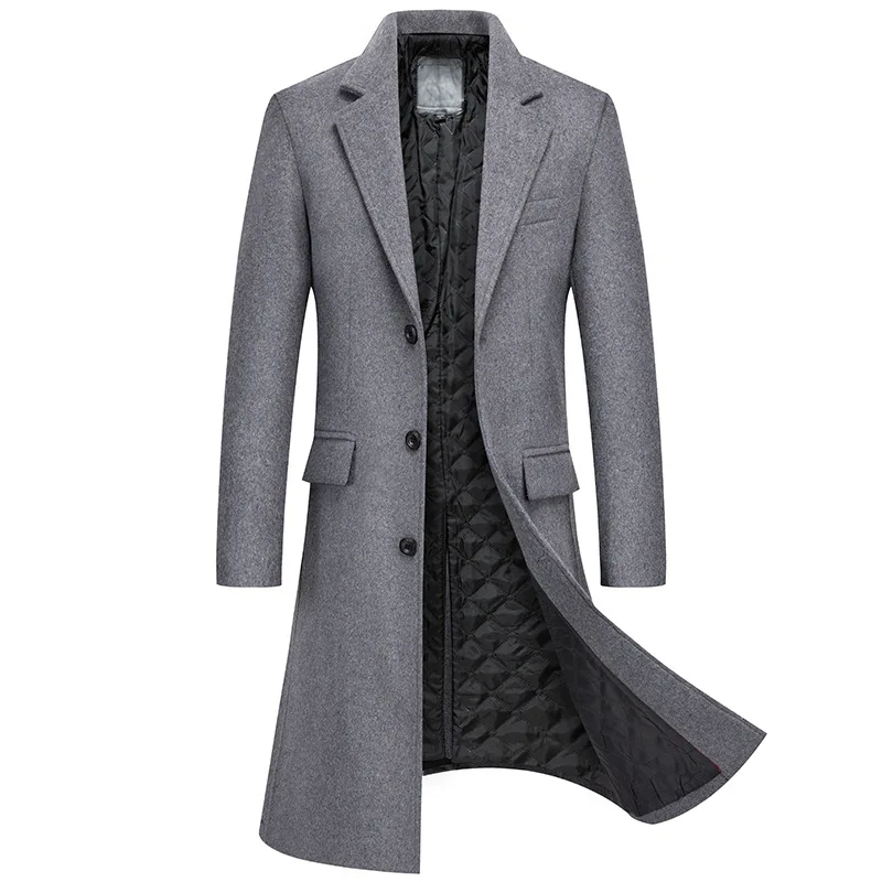 

Wool Long Coat for Men Autumn and Winter Gray Slim Fit Thickened Overcoat Fashion Casual Pocket Trench Coats Manteau Homme Hiver