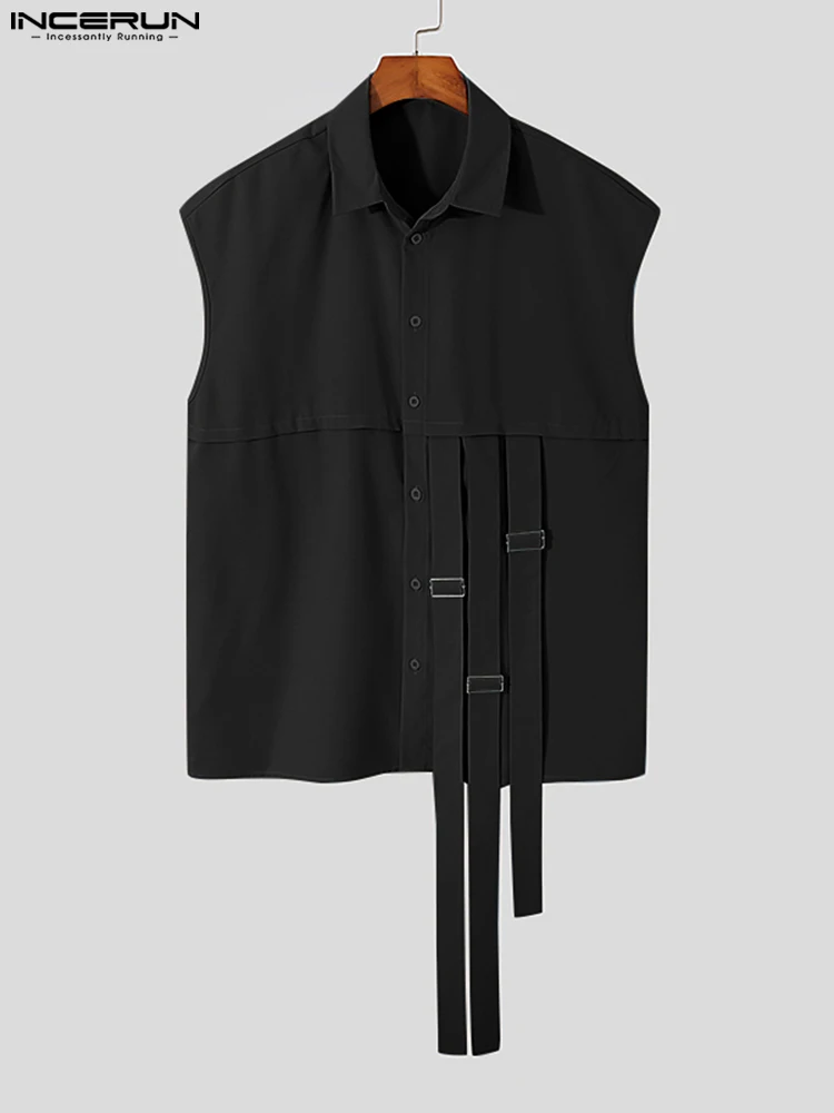 Fashion Casual Style New Men Tops INCERUN Splicing Blouse Stylish Male Hot Sale Solid Ribbon Button Sleeveless Shirts S-5XL 2022