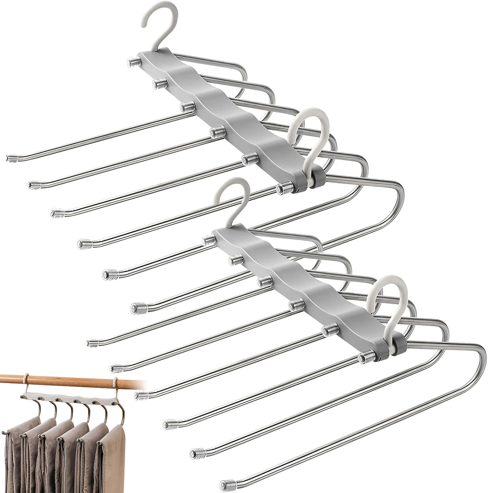 

2Pcs Pants Hanger 6 Layers Space Saving Trousers Hangers Stainless Steel Multiple Layers Clothes Hanger Adjustable Non-Slip