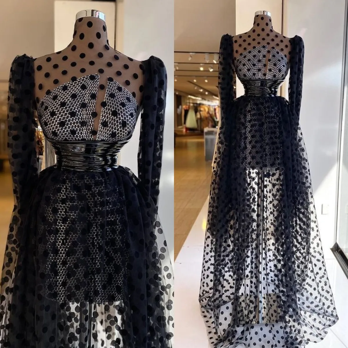 

A Line Dot Tulle Evening Dress Long Sleeves Women's Prom Gowns Runway Slim Formal Party Celebrity Dresses
