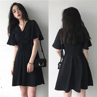 2022korean version drawstring black retro tunic dress summer lightweight sexy fashion women short skirt elegant party ball dress