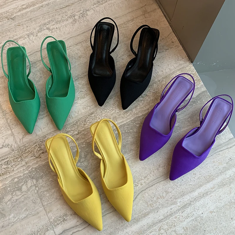 

2022 Fashion Elegant Women 3cm High Heels Slippers Lady Slingback Mules Yellow Purple Green Low Heel Luxury Slides Wedding Shoes