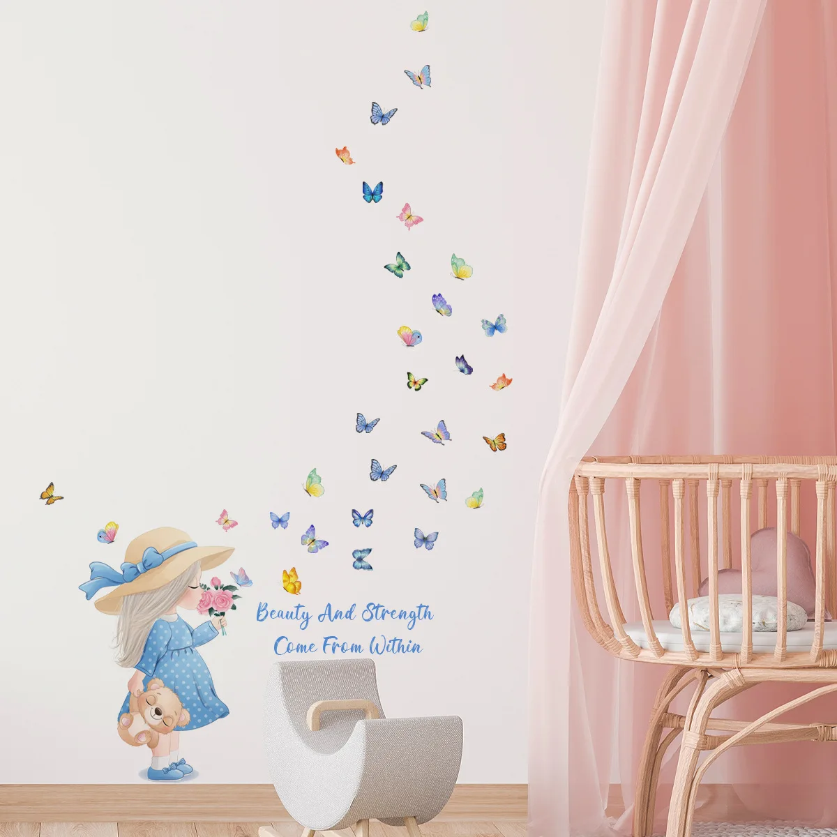 Cute Girls with Butterfly Wall Decals Wall Stickers for Baby Girls Room Kids Room Bedroom Decals Wallpaper Gift for Daughter