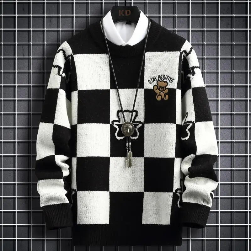 2023 New Winter Hip Hop Printed Loose Mens Sweaters High End Cashmere Sweater Men Clothing Fashion Plaid Christmas Pullovers