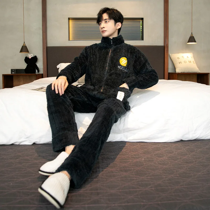 QUHENG Flannel Pajam Men Sets Autumn Winter Men Long Sleeved Trousers Coral Fleece Home ClothesThick Warm Suit Sleepwear