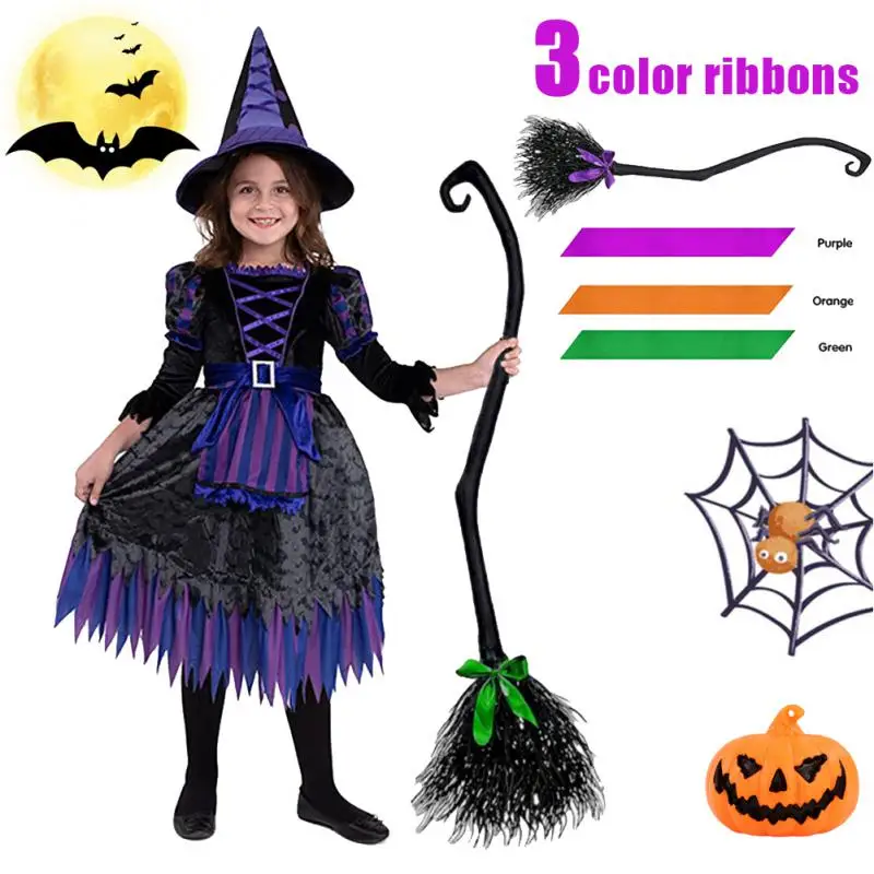 

Spooky Halloween Party Decoration Witches Broom with Ribbon - Perfect Photo Booth Cosplay Accessory and Favor for Celebrations