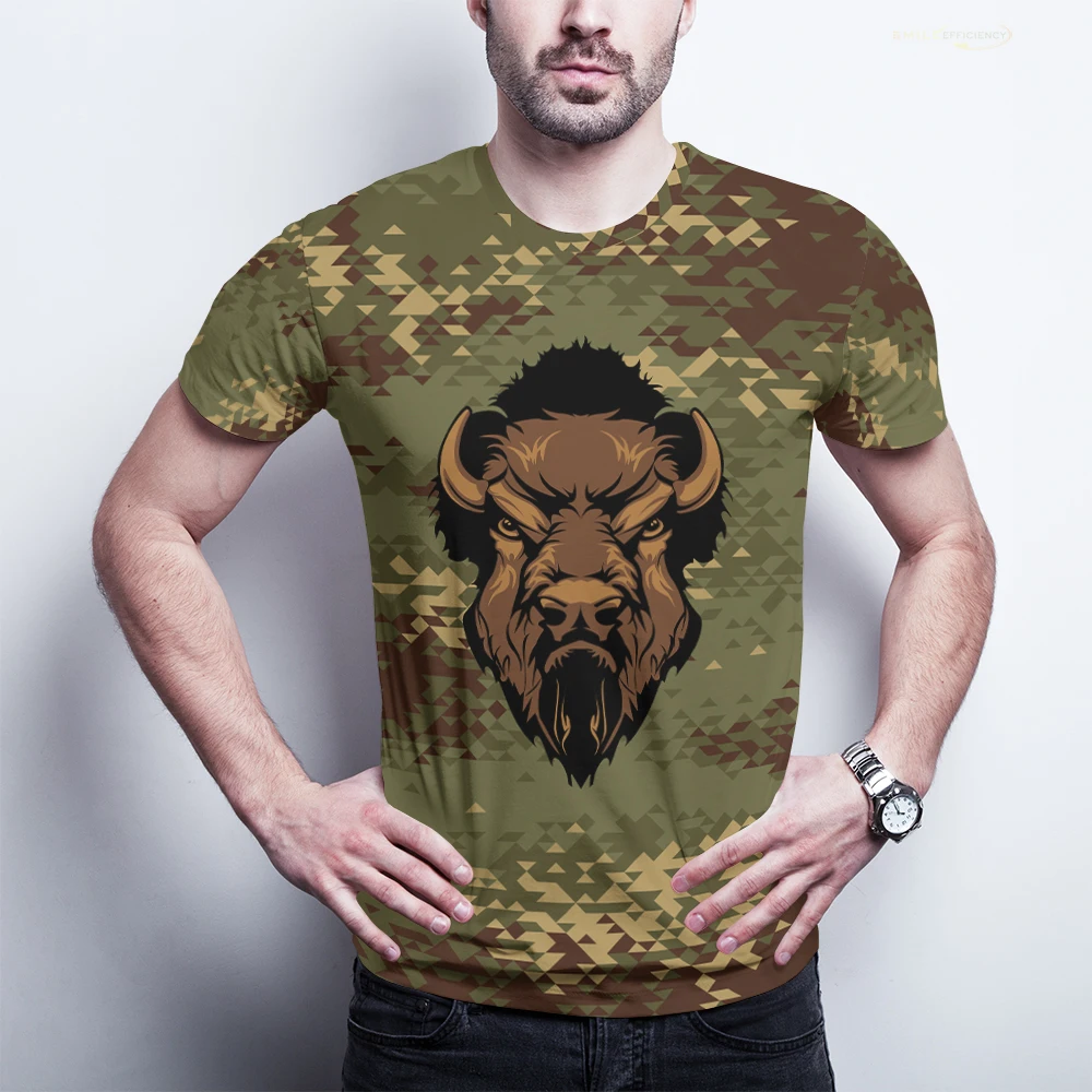 2022 летняя Винтажная футболка с 3D-принтом камуфляжная Bison Ox head Graphic Уличная