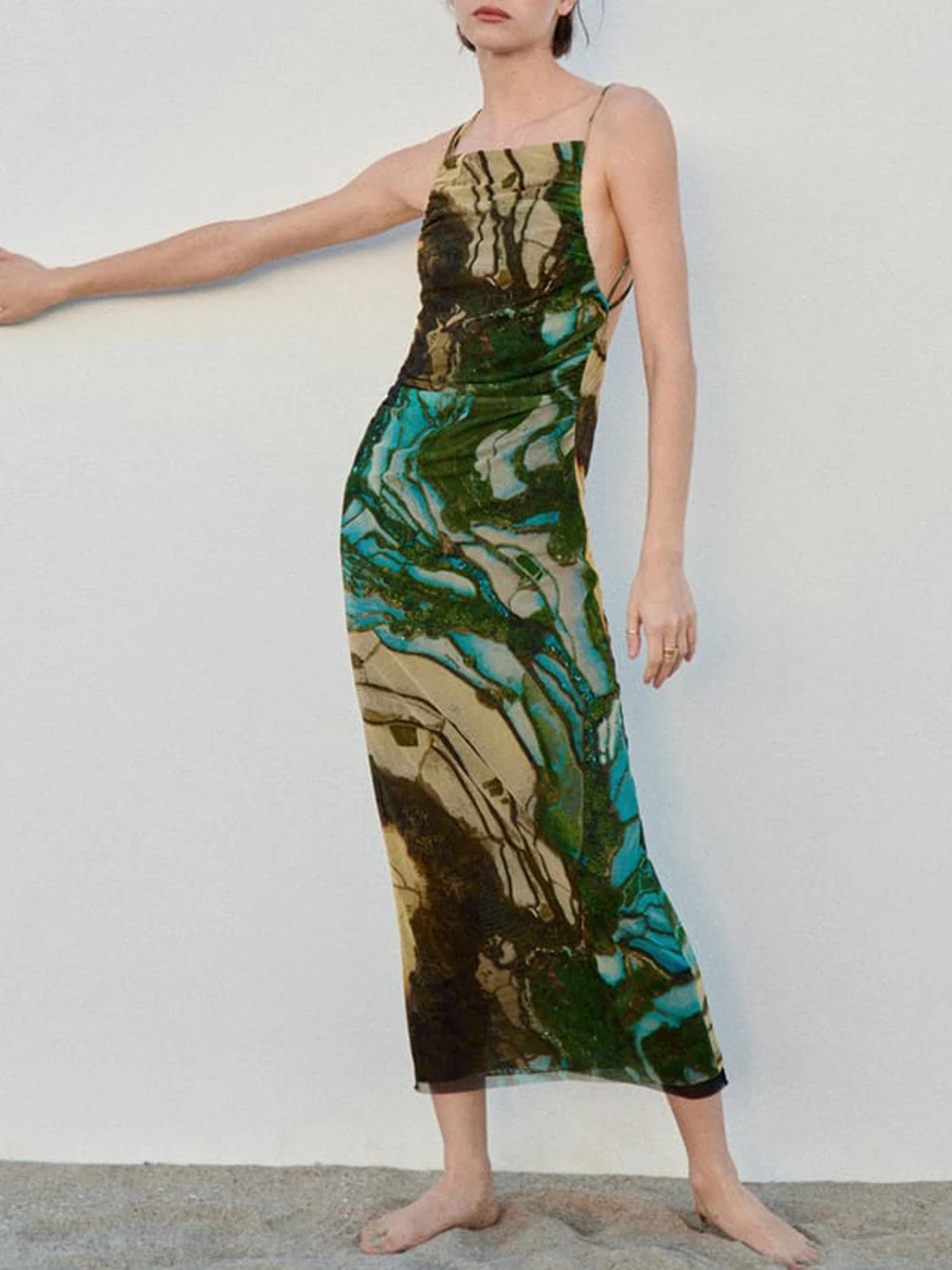 

Модные Винтажные женские летние длинные платья на бретельках в стиле бохо, платье без рукавов, пляжная одежда с запахом на бедрах