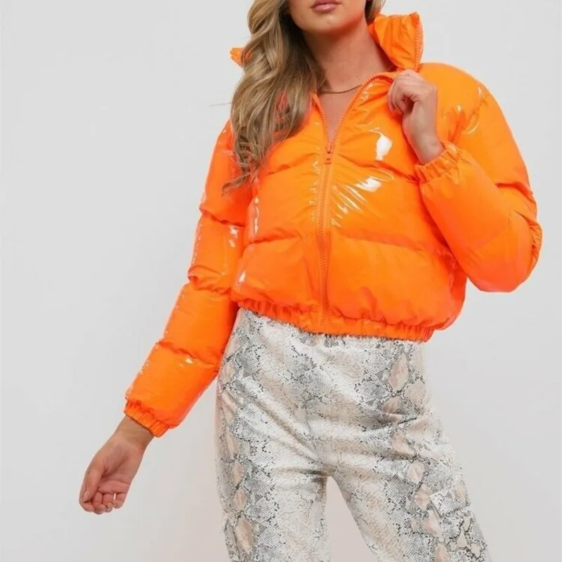 Осень-зима женские яркие куртки-пуховики из искусственной кожи теплое