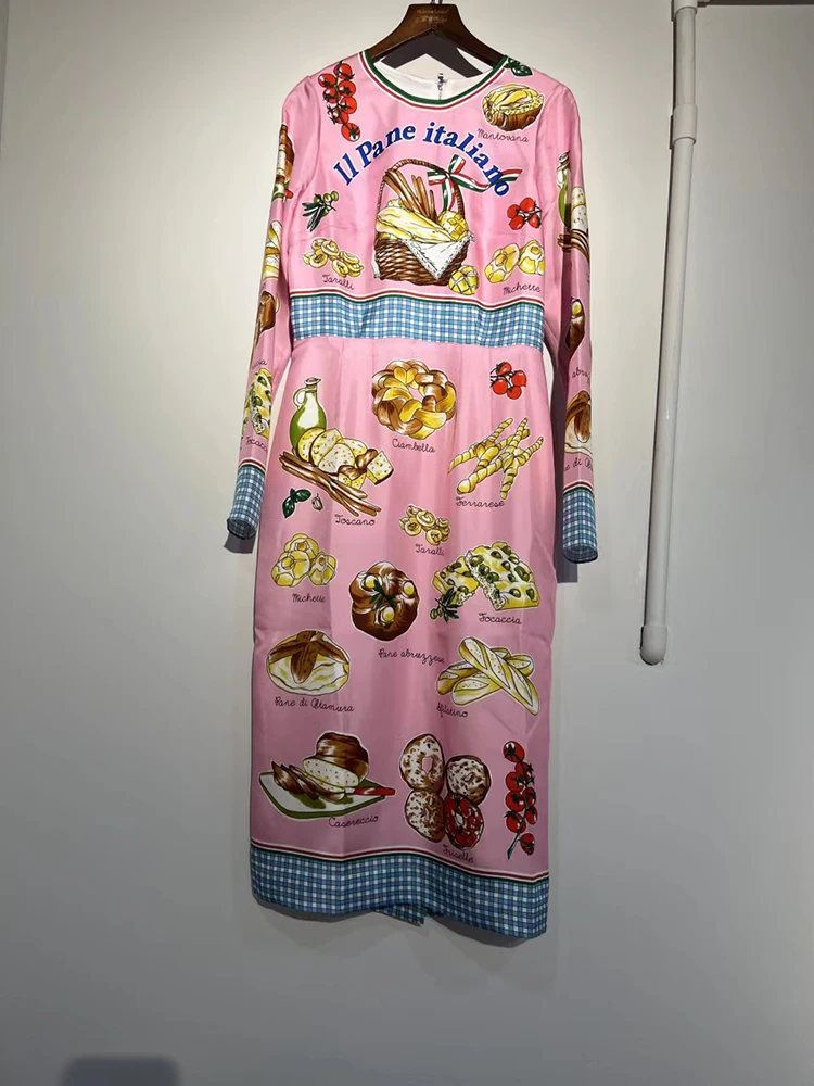 

Runway Fashion 2022 Early Autumn Dress Women Pink Long Sleeve Print High Quality Elehamt Vintage Holiday Party
