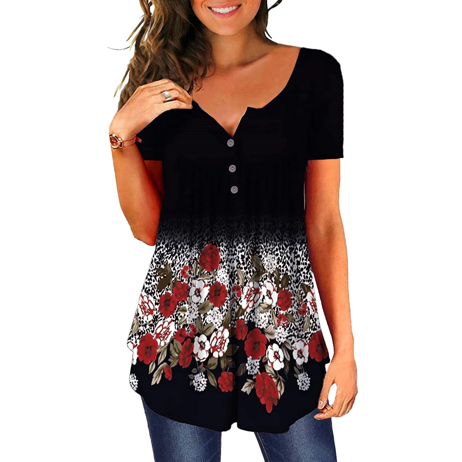 

Printed Tunic Neck Sleeve Tops Short Floral V- T-shirt Buttons Womens Women's Blouse Sports Tees for Women Cute S