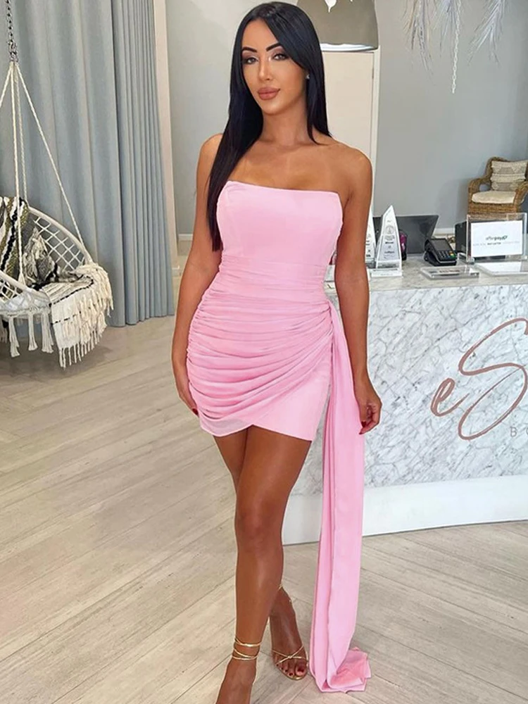 

2023 Strapless Mesh Pleated Sexy Dress ribbon Women Mini Bodycon Summer Dress Vestido Elegant Night Club Party Dresses