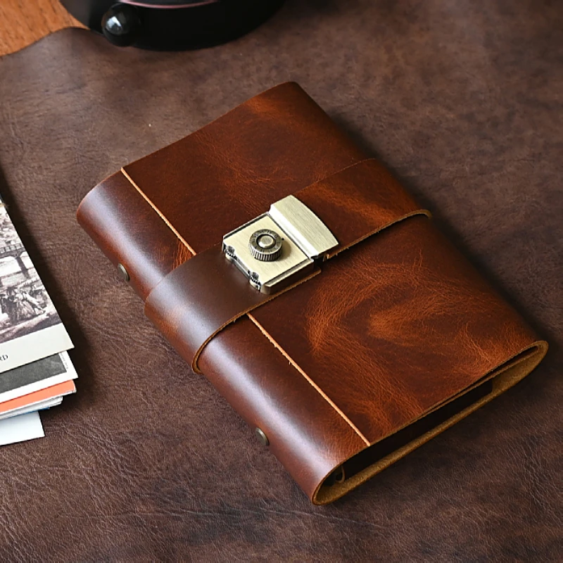 A6/A7/A5 100% Genuine Leather Notebook Handmade Vintage 6 ring binder Diary Journal Sketchbook Planner Travel With password