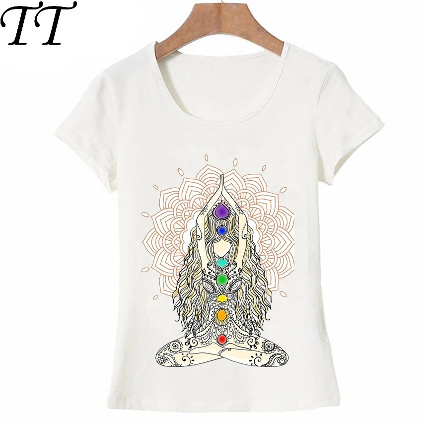 

Yo ga woman buddha mandala chakra energy lotus power centers Zen T-Shirt Summer Women Short Sleeve Woman Tops Cute Girl Tees