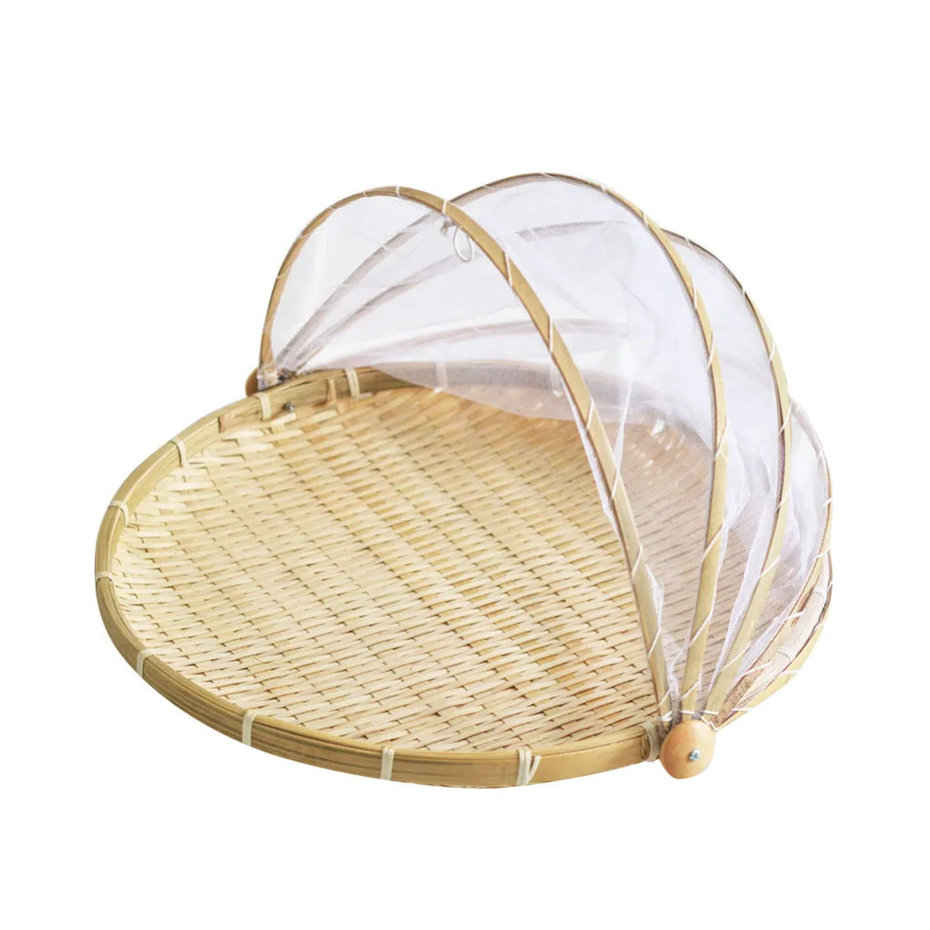 

Hand-woven Bamboo Insect-Proof Dust-Proof Basket Picnic Round Dustpan Vegetable Fruit Bread Mesh Gauze Cover Basket