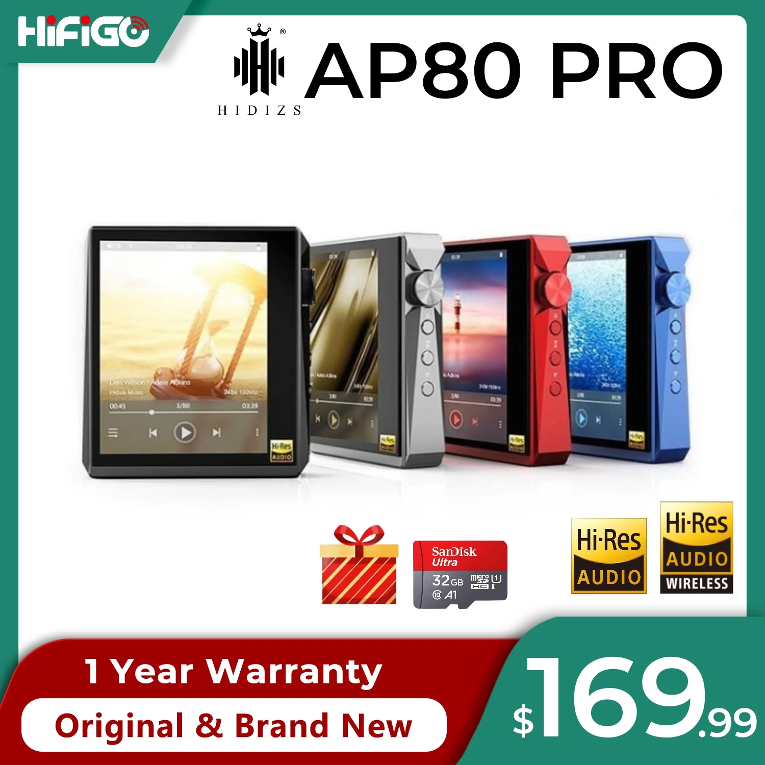 

Hidizs AP80 Pro Bluetooth MP3 Music Player Portable Touchscreen HiFi Audio Walkman USB DAC MQA DSD Mini Player 3.5mm+2.5mm Hiby