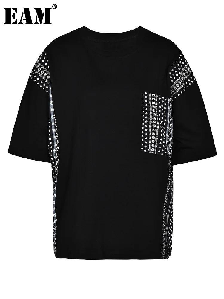 

[EAM] Women Black Pattern Printed Big Size Casual T-shirt New Round Neck Short Sleeve Fashion Tide Spring Summer 2023 1DF9685