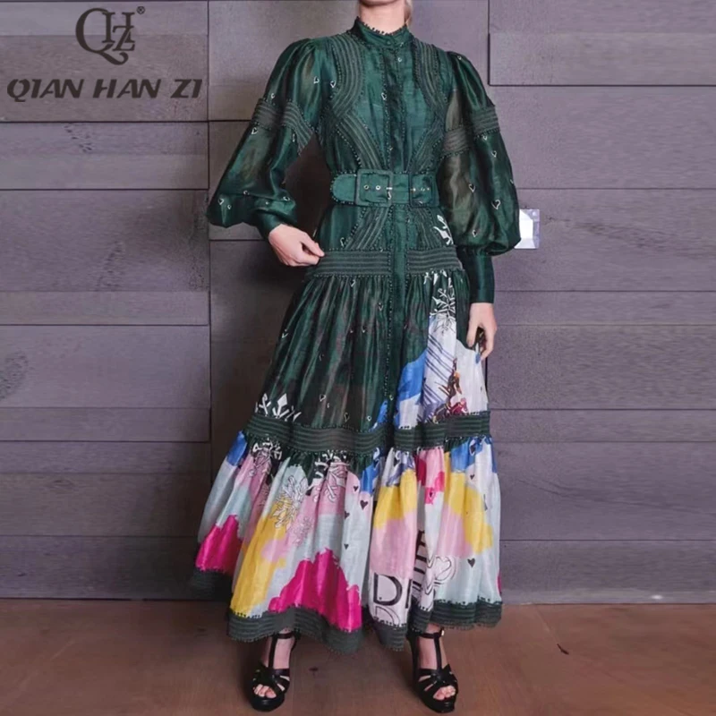 Qian Han Zi Designer Fashion runway maxi dress vintage lace Splicing pattern print belt slim vacation long dress woman clothes
