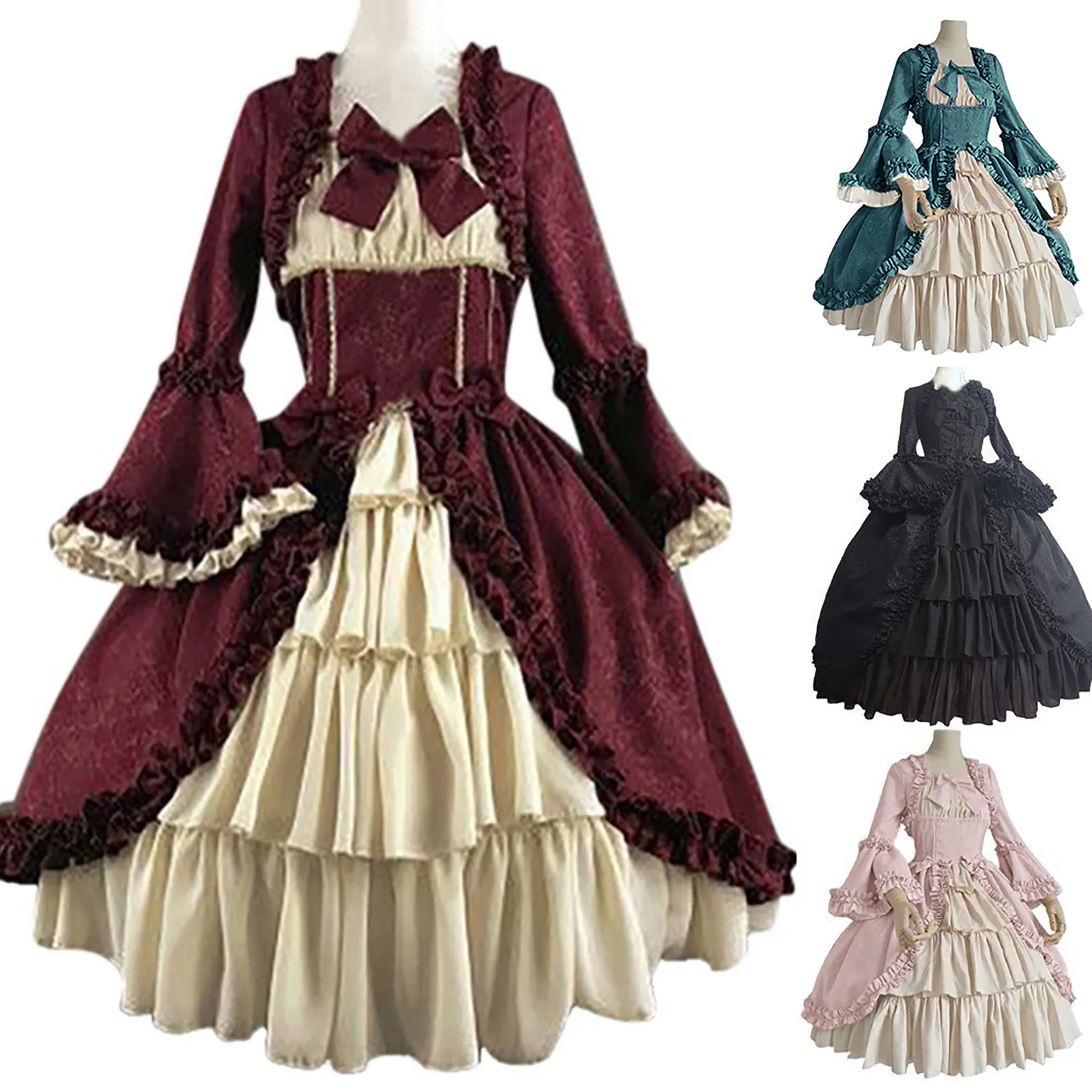 

Женское винтажное платье, готическое платье лолиты, милое пушистое платье с длинным рукавом и бантом, милые аниме костюмы для косплея в средневековом стиле с оборками