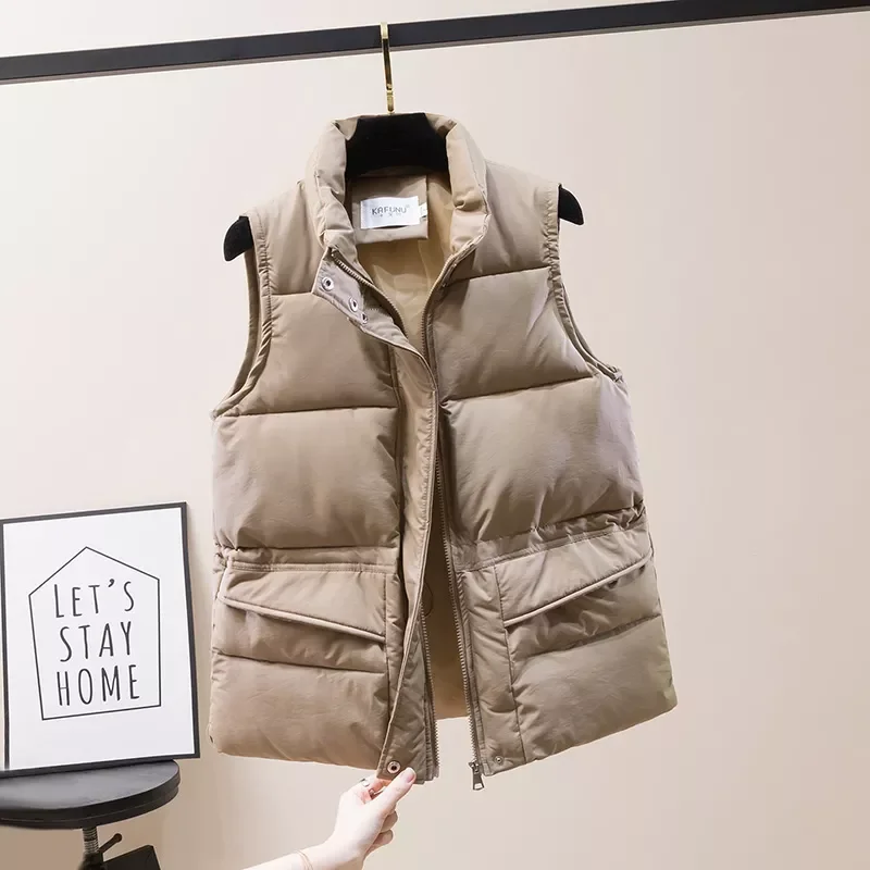 

Solid Short Style Vest for Women Cotton Padded Women's Winter Sleeveless Jacket with Zipper Stand Collar Casual Coats