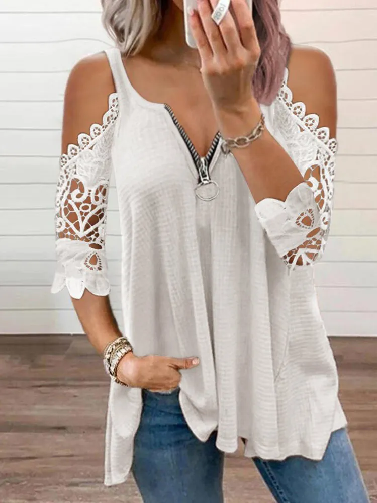 

Футболка женская с открытыми плечами, пикантная Повседневная Элегантная туника на молнии, с кружевом, в стиле пэчворк, с V-образным вырезом, ...