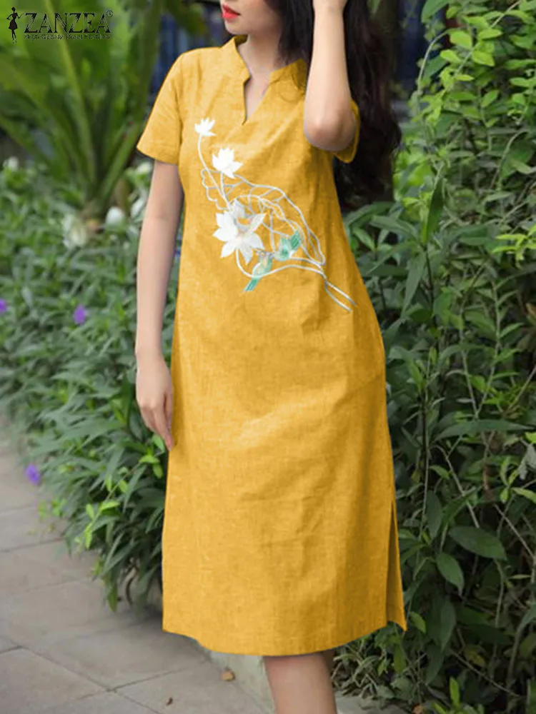 

Летнее цветочное платье ZANZEA, сарафан с коротким рукавом и принтом, богемные женские платья, повседневное женское платье с V-образным вырезом, женское платье для работы