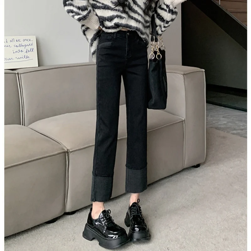 2023 Black Rolled-up Straight Jeans Women's High Waist Spring New Style Slim Cropped Pipe Pants Trendy Baggy STRAIGHT Fleece