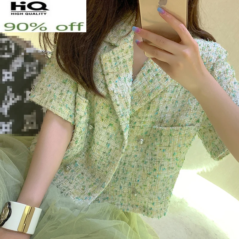 

Green Tweed Double-breasted spring/autumn /winter women's lapel short-sleeve Business ladies one piece jacket coat