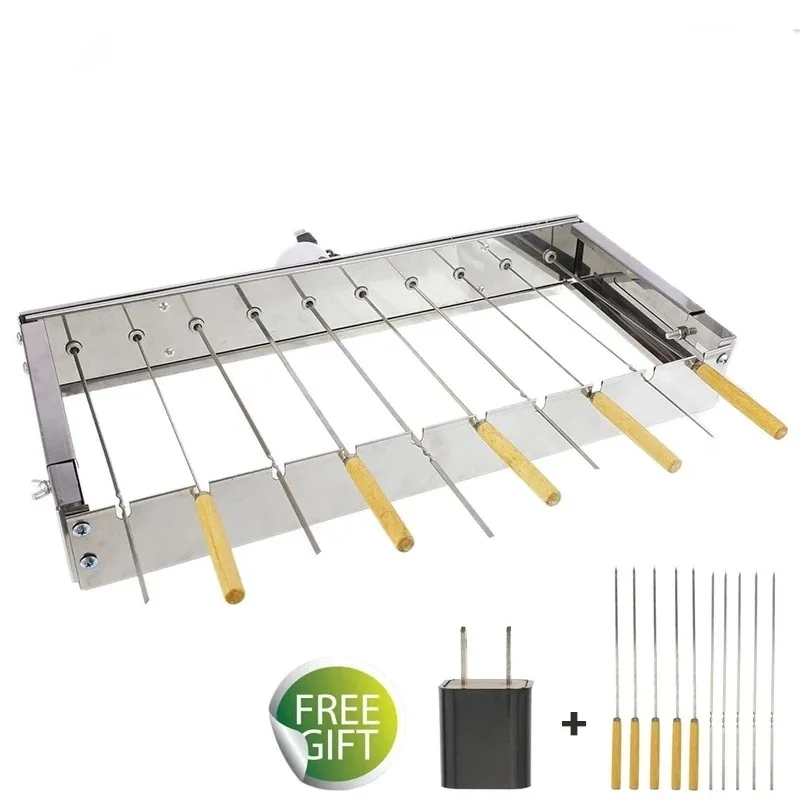 

Stainless Steel Automatic Flipping Barbecue Grill for Outdoor with 10 BBQ Stickers Adjustable Width BBQ Skewers Rolling Tools