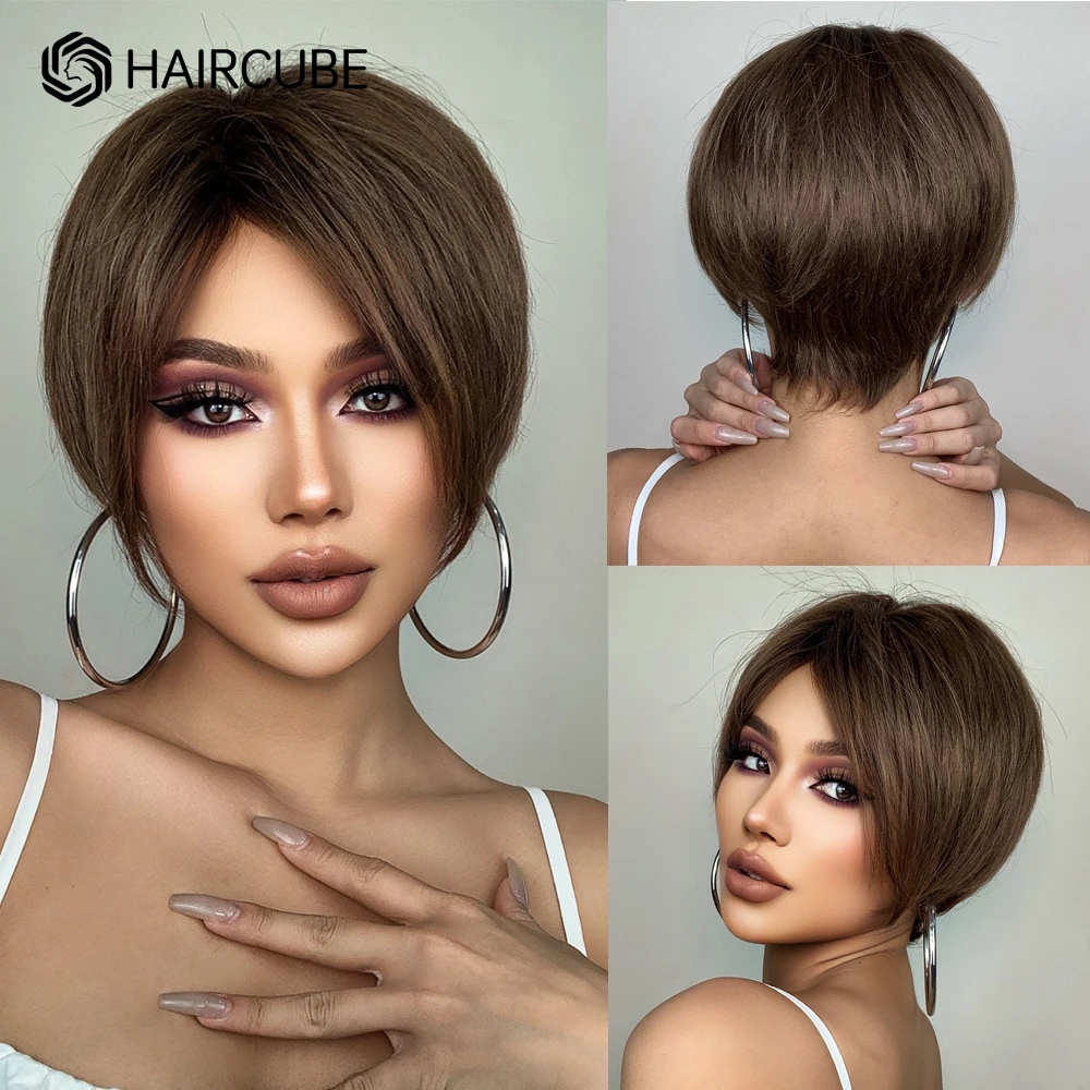 HAIRCUBE Short Brown Human Hair Wigs Remy Brown Pixie Cut Lace Front Wig Natural Side Part Fulffy Straight Women Daily Wigs