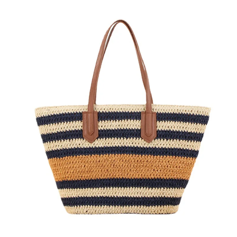 

Straw Stripe Woven Handbags for Women Holiday Beach Bag Fashion Ladies Summer Big Tote Shopper Shoulder Bags Casual Purses 2022