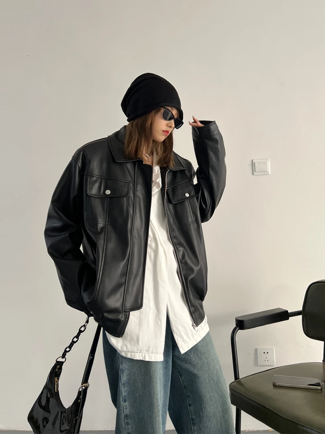 

Short American style retro small stature wind fried street cool Sa unisex work pu leather jacket jacket jacket woman