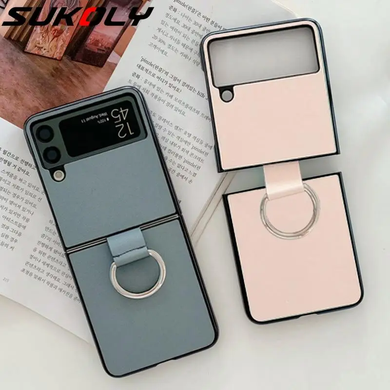 Solid Color Ring Holder Folding Case For Samsung Galaxy Z Flip 4 Flip 3 5G Shockproof Hybrid Cover For Samsung Z Flip4 Flip3