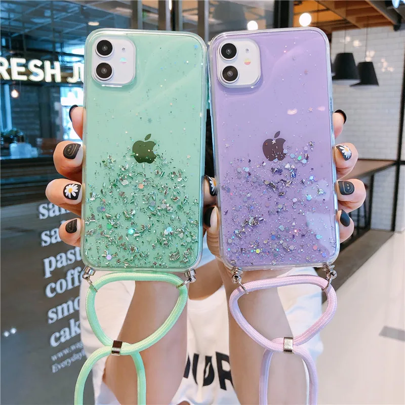 

Bling Glitter Stars Sequins Cord Chain Lanyard Phone Case For iPhone 11 Pro XS Max 12 MiNi XR X 6S 7 8 plus for samsung S8 S9