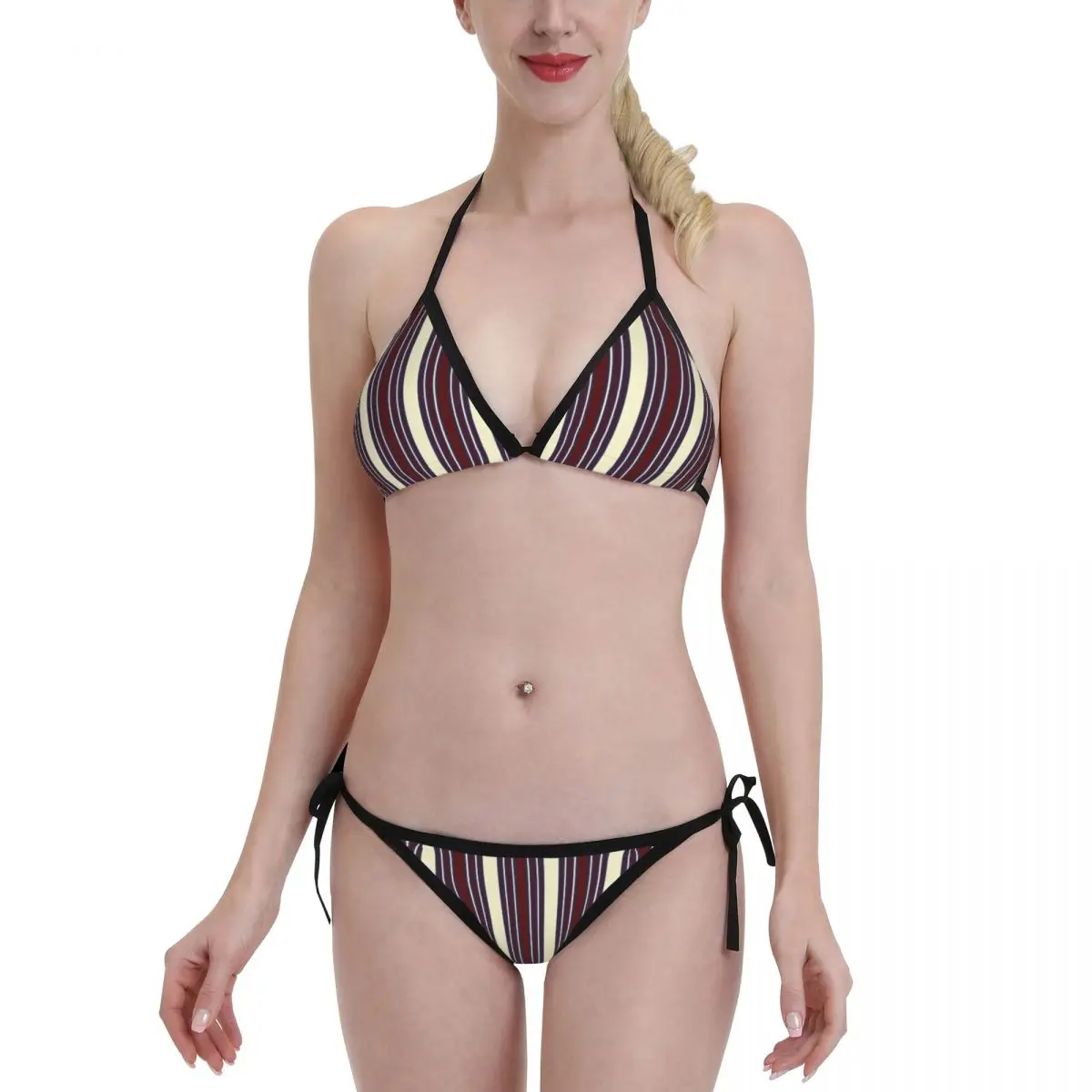 

New Women Sexy Bodysuit Bikini Set Swimsuit Burgundy Navy White Stripes Beachwear Set Push Up Bather Swimming Suit