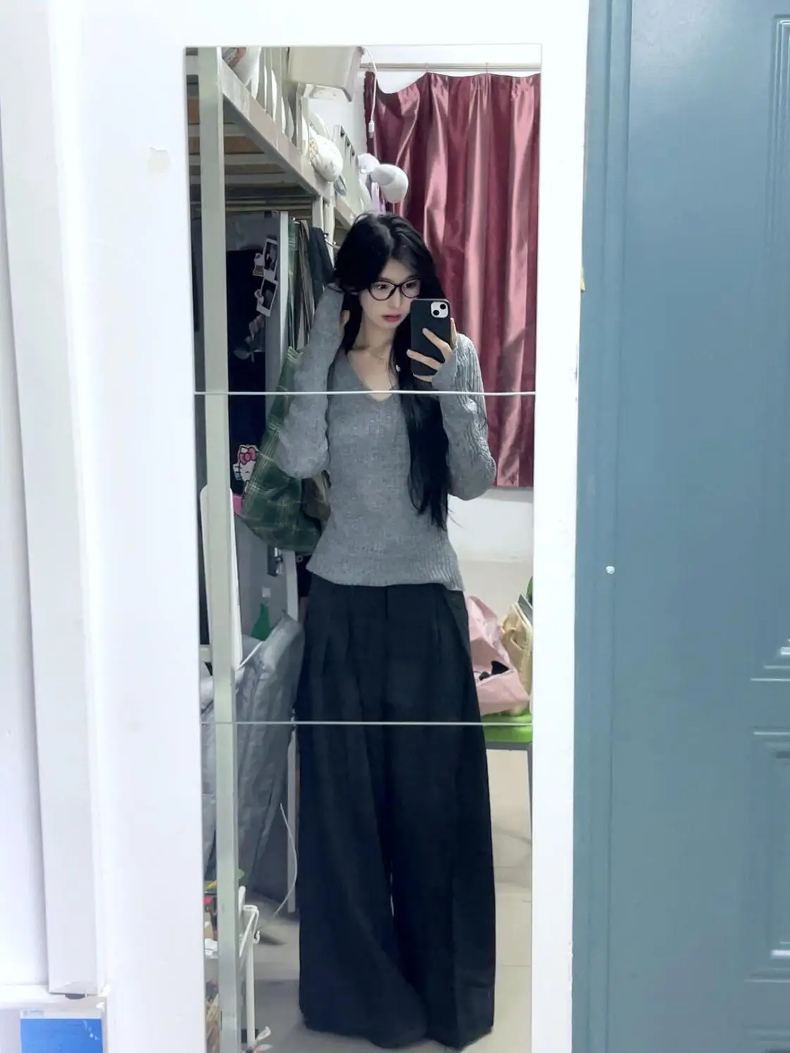 Gyaru серая вязаная женская рубашка с v-образным вырезом и длинными рукавами