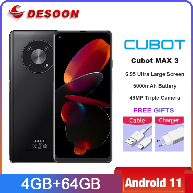 

Cubot MAX 3 4GB+64GB Waterproof Smartphone 6.95" Screen 48MP Triple Camera Cellphone 5000mAh Battery Android 11 Mobile Phone